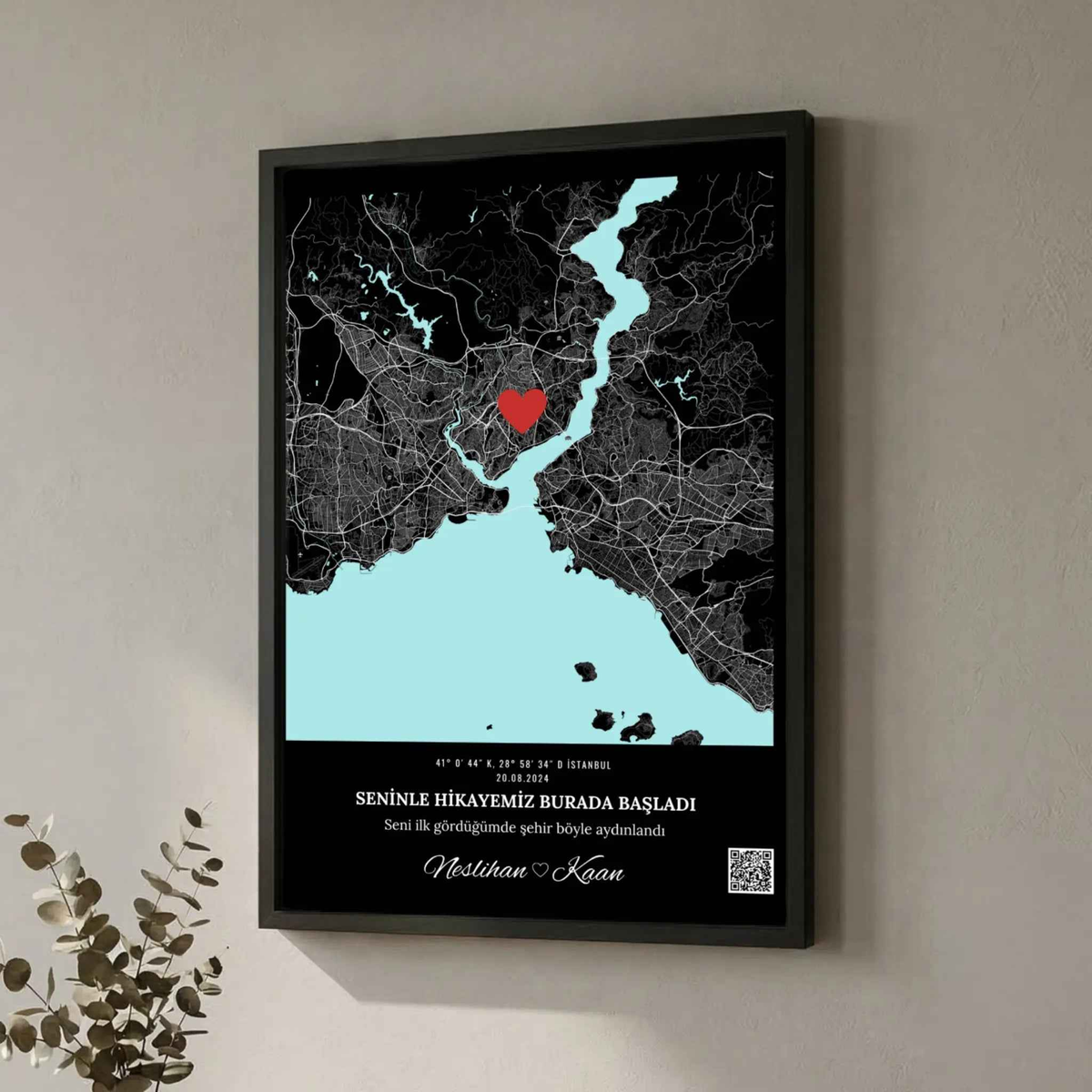 Kişiye Özel Siyah Şehir Haritası Tablo | Minimalist ve Şık Anı Çerçevesi