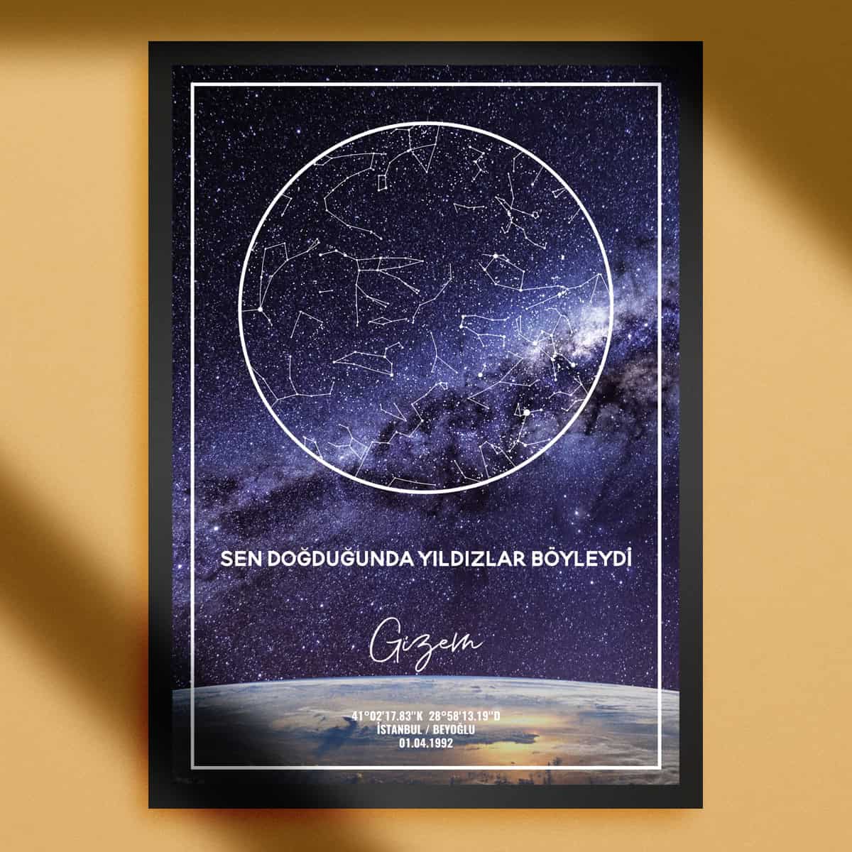 Parlak yıldızlar ve gökyüzü haritası ile doğum haritası posteri, kişiselleştirilmiş gökyüzü figürü, doğum tarihinize özel yıldızlar ve burç simgeleri ile dekoratif ve anlamlı hediye alternatifi.