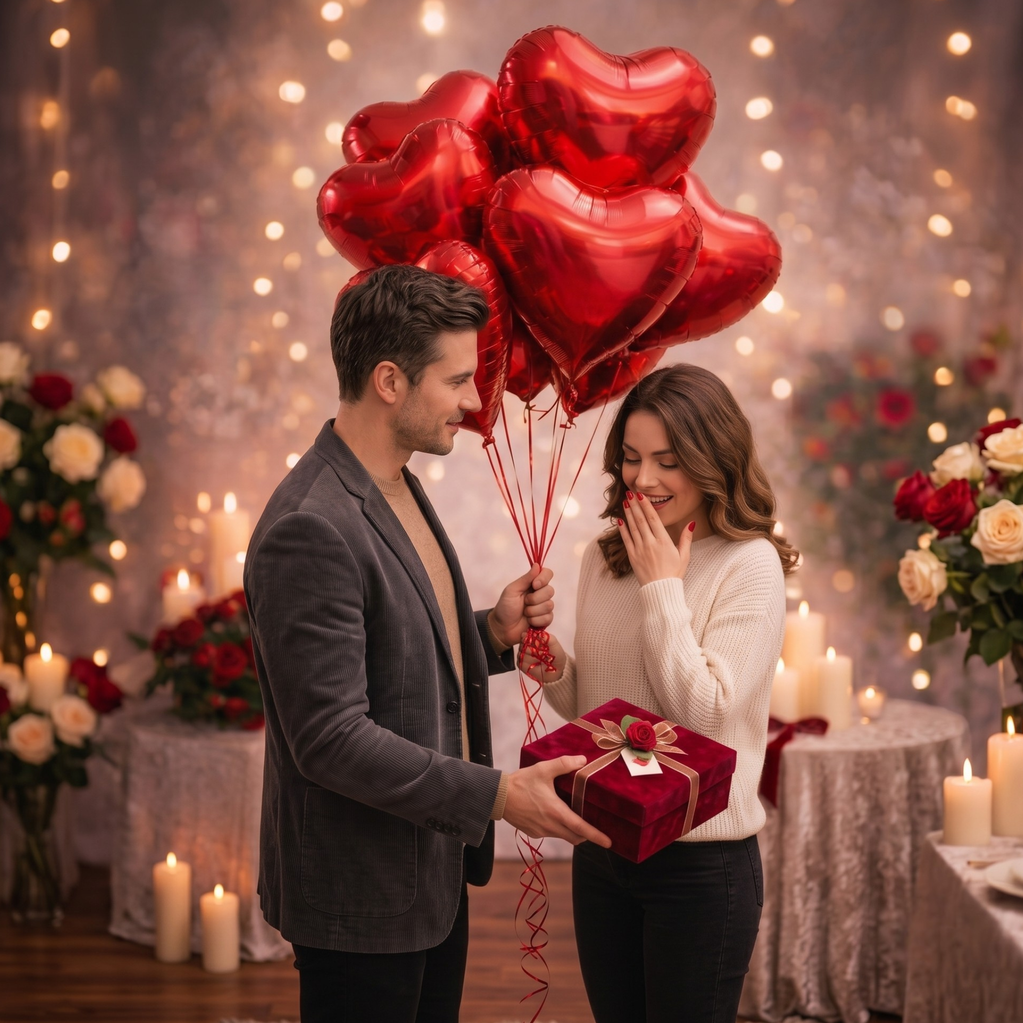 Sevgililer gününde sevgilisine kırmızı kalp folyo balonlar eşliğinde Happy Endings Gift Shop'tan tablo hediyesi almış bir adam ve sevgilisi.