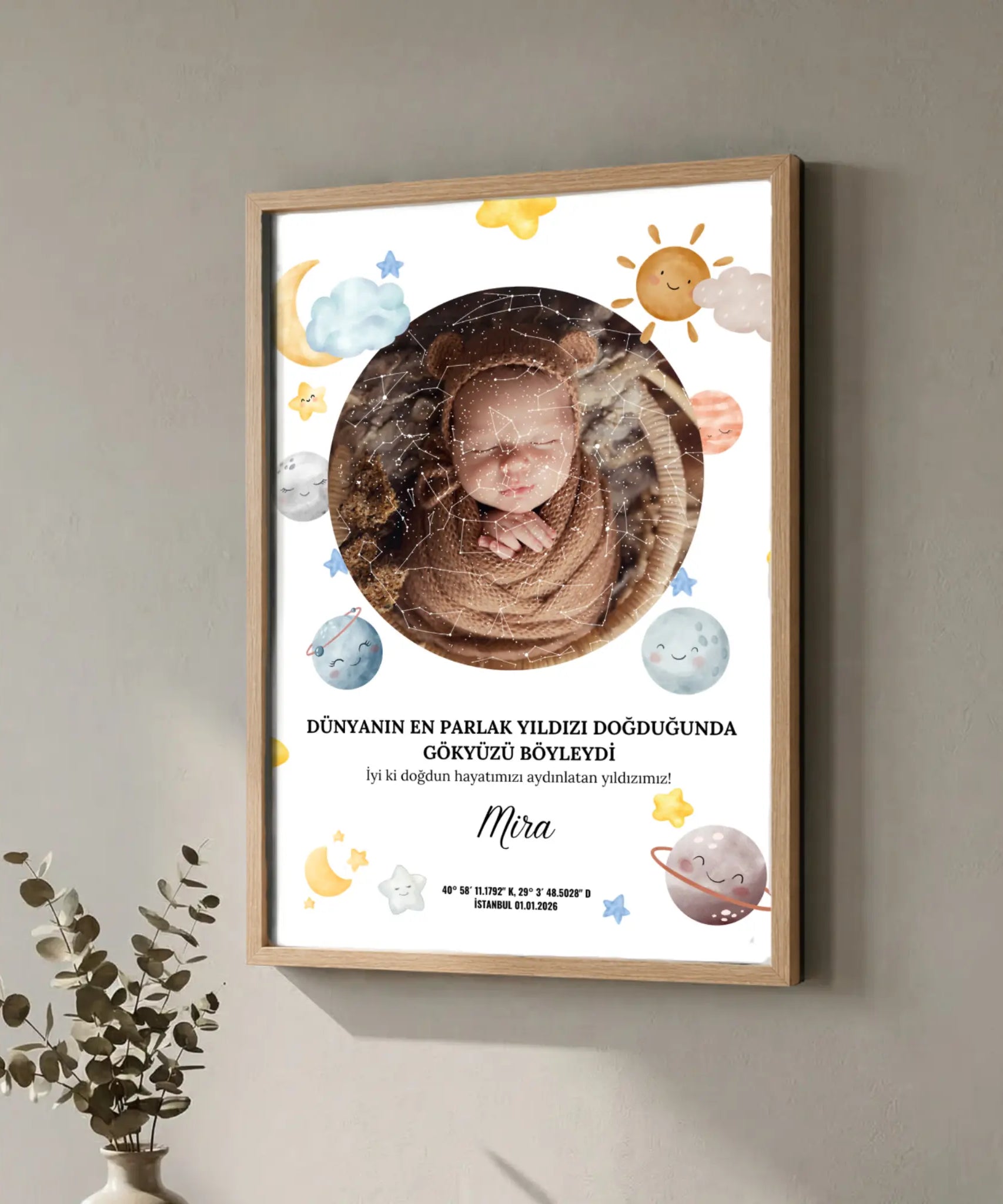 Yeni doğan bebek yıldız haritası tasarımı üzerinde isim, doğum tarihi, saat ve astronomik yıldız dizilimi detayları.