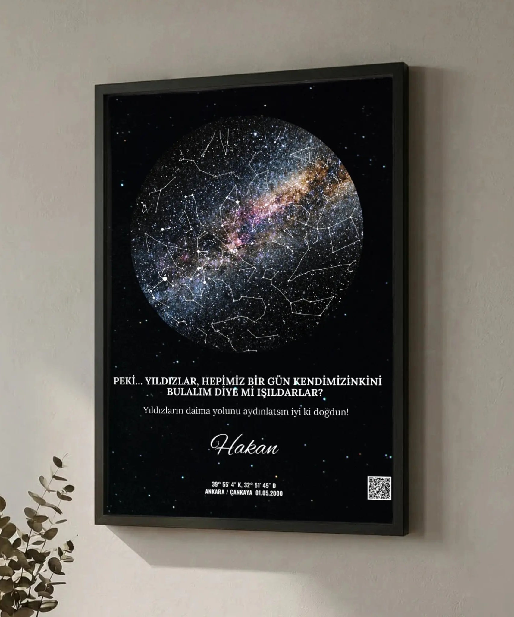 Yıldızlar ve gökyüzü temalı kişiye özel gece temalı duvar posteri, gökyüzü ve yıldızlar haritası ile aşk ve anı hatırlatan dekorasyon seçeneği.