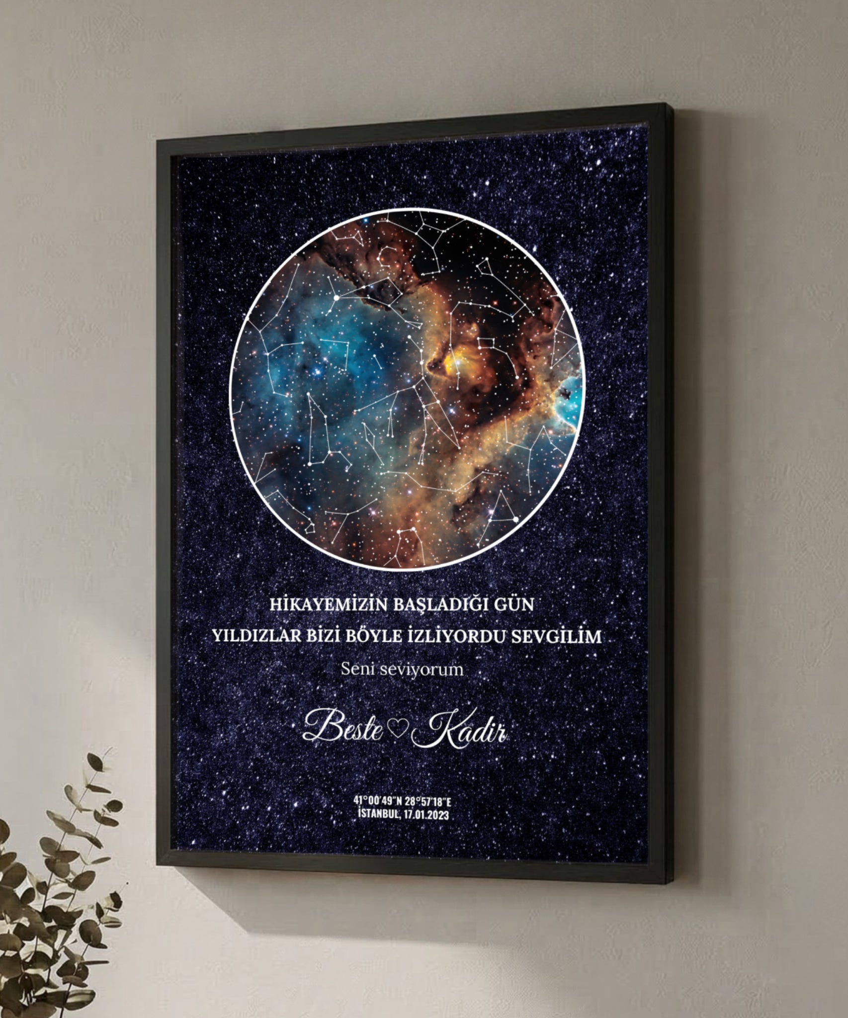 Yıldızlar ve galaksi temalı aşk ve kişisel anı çerçevesi, özel gece ve yıldız haritası hediye, romantik sevgi anısı.