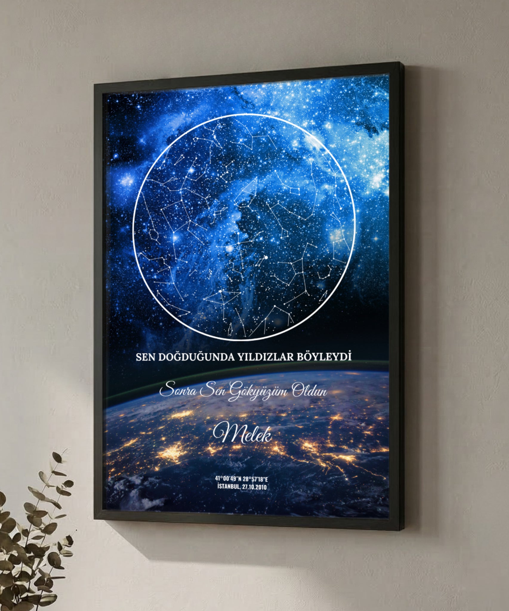 Yıldızlı gece ve dünya haritası ile doğum günü ve sevgi temalı doğa ve ev dekorasyonu.