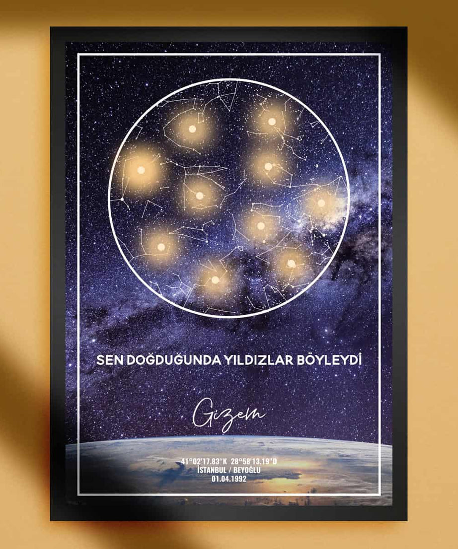 Yıldız haritası ve gökyüzü temalı kişisel doğum haritası posterleri, özel anlamlar ve astroloji ile ilgilenenler için tasarlanmış, İstanbul / Beyoğlu lokasyonunda 1 Nisan 1992 doğumlu doğum bilgilerinizle kişiselleştirilmiş.
