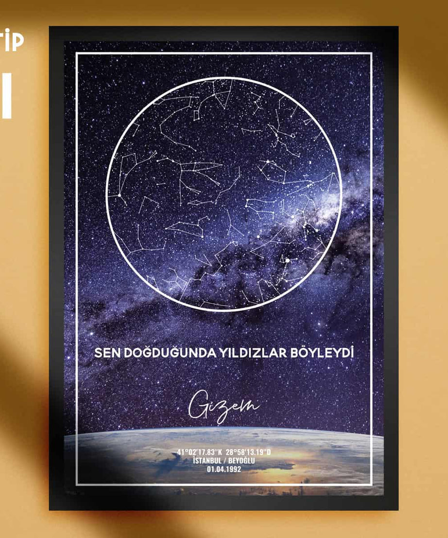 Yıldız haritası, doğum günü anısına özel astroloji ve yıldız düzeni tasarımı. İstanbul, Beyoğlu'nda doğum tarihi ve koordinatlarla kişiye özel gece gökyüzü haritası.