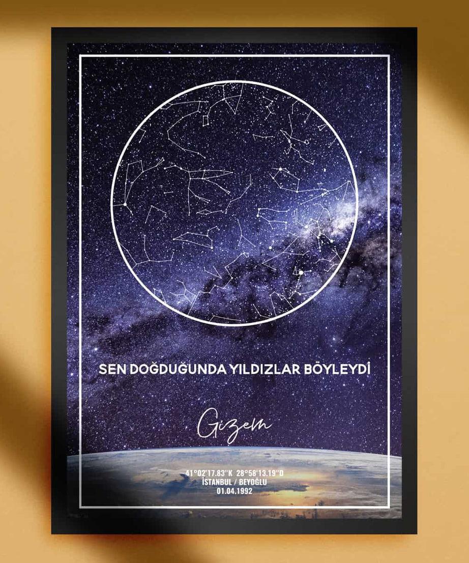 Parlak yıldızlar ve gökyüzü haritası ile doğum haritası posteri, kişiselleştirilmiş gökyüzü figürü, doğum tarihinize özel yıldızlar ve burç simgeleri ile dekoratif ve anlamlı hediye alternatifi.
