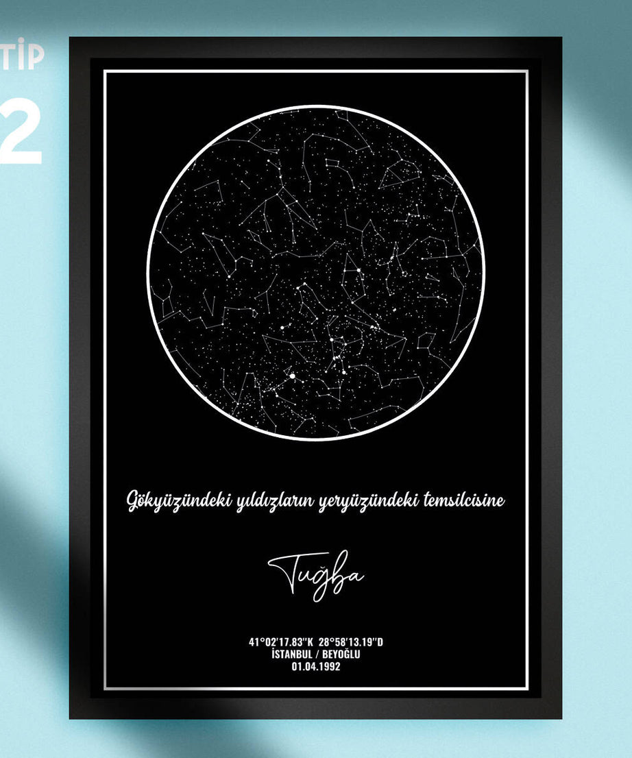 Yıldızlar ve burçlar temalı kişisel gökyüzü haritası, özel anlar için tasarlanmış modern ve şık hediye fikri, Türkçe kişisel astroloji haritası, istanbul ve beyoğlu lokasyonu, doğum tarihi ve koordinatlar içerir.
