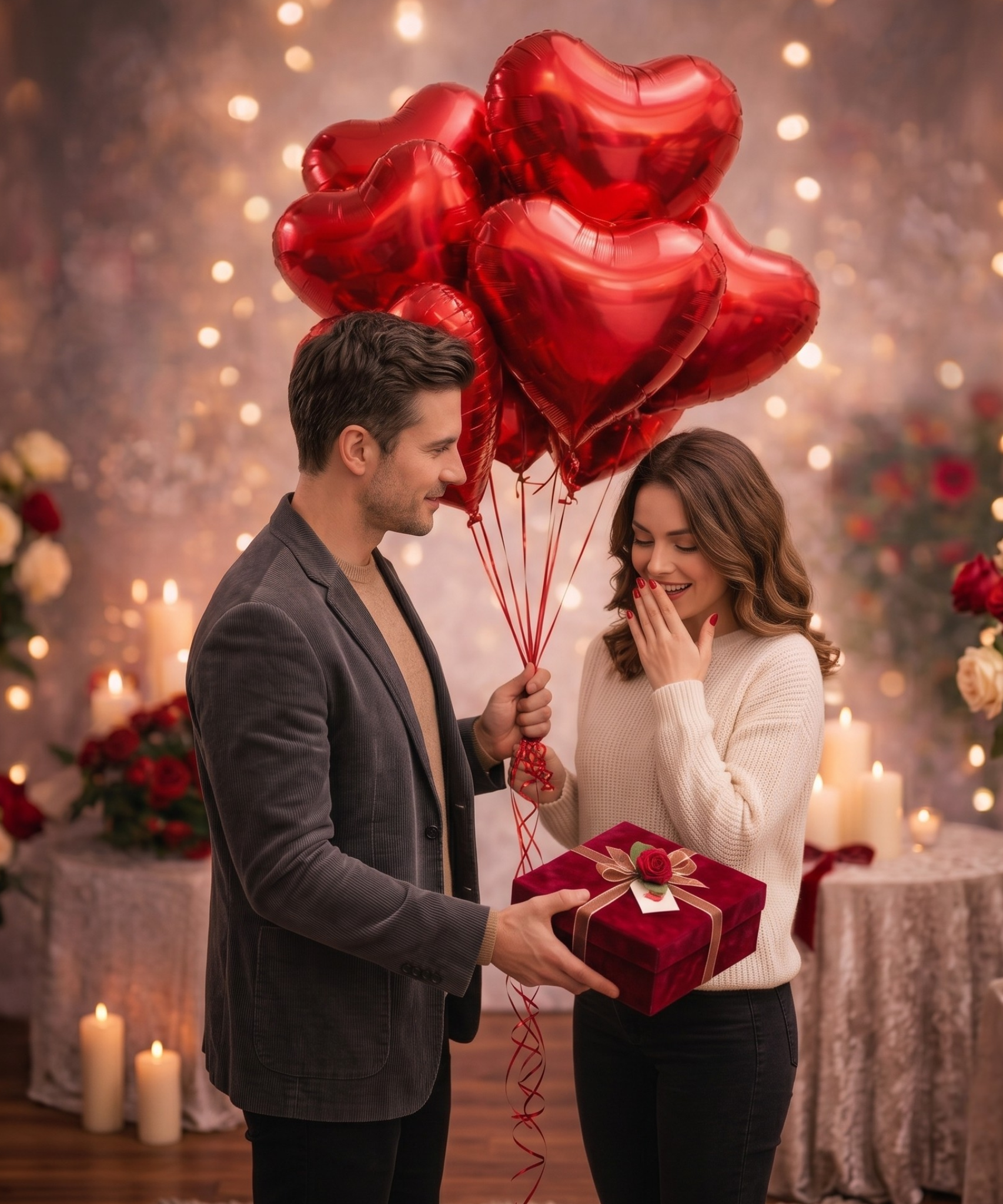 Sevgililer gününde sevgilisine kırmızı kalp folyo balonlar eşliğinde Happy Endings  Gift Shop'tan tablo hediyesi almış bir adam ve sevgilisi.