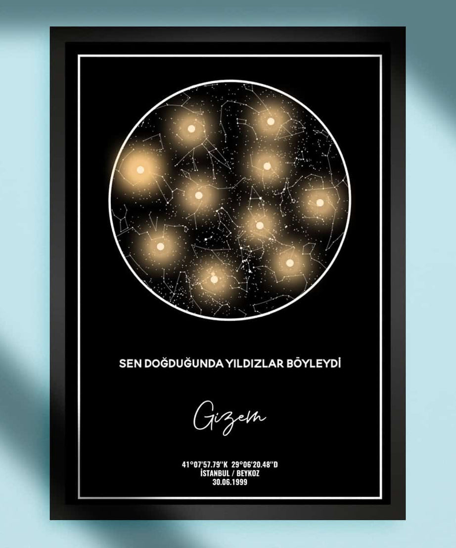 Yıldızlı gece ve astroloji temalı doğum haritası poster, doğum günü, yıldızlar ve burçlar ile kişiye özel astrolojik harita, sevgiliye veya doğa tutkunu hediye.
