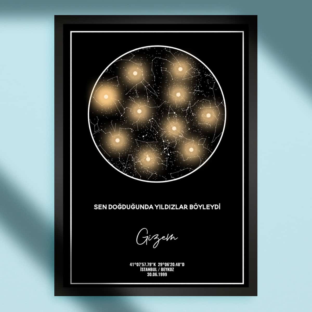 Yıldızlı gece ve astroloji temalı doğum haritası poster, doğum günü, yıldızlar ve burçlar ile kişiye özel astrolojik harita, sevgiliye veya doğa tutkunu hediye.
