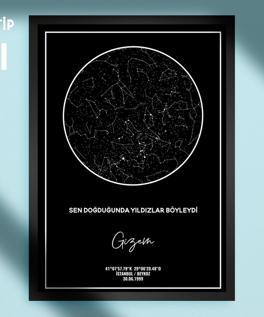 Karanlık arka planda yıldız haritası, kişisel doğum günü ve konum detaylarıyla yıldızların şekliyle tasarlanmış özel yıldız haritası posterleri, anlamlı doğum günü veya hediye konusu için idealdir.
