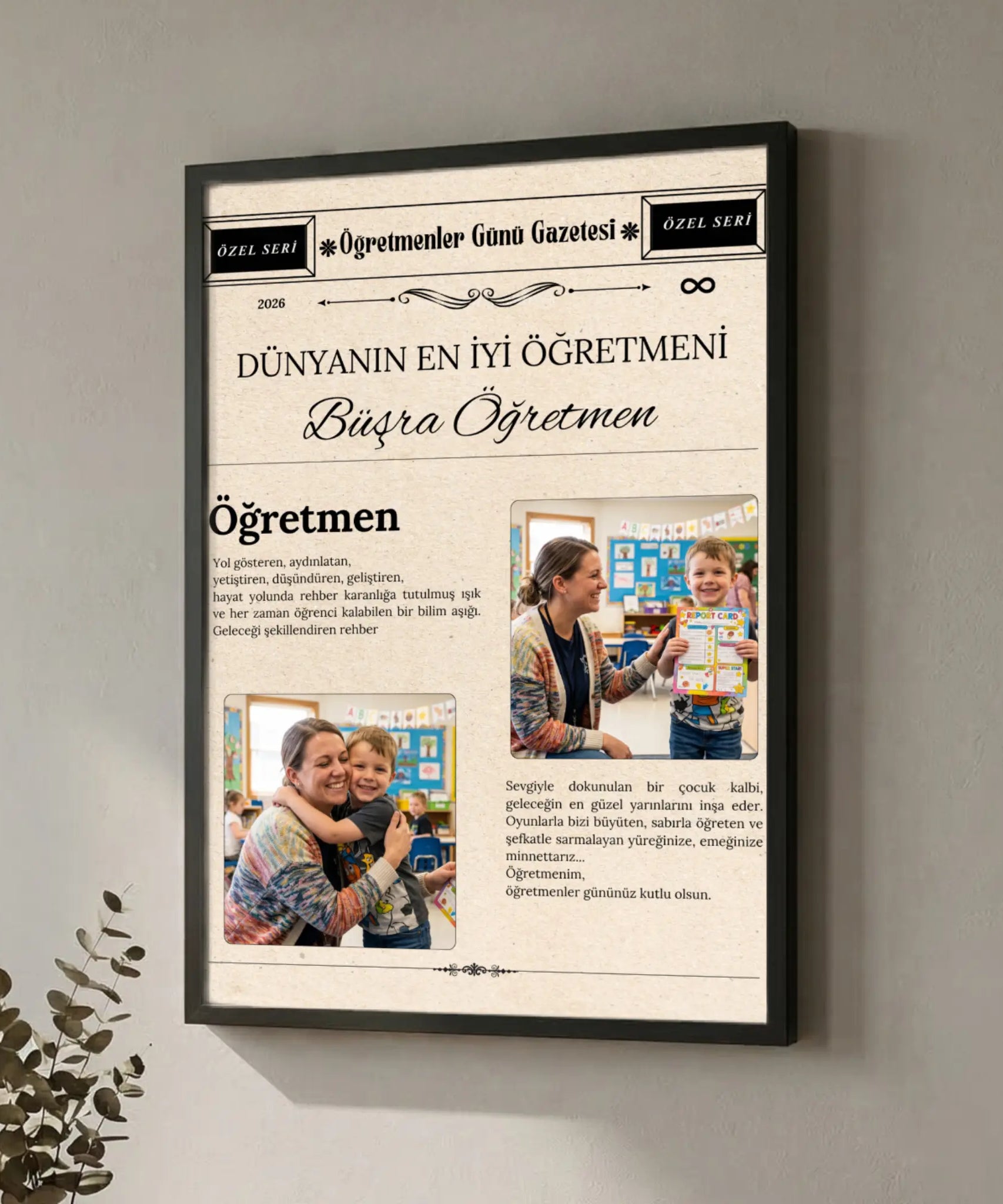 Happy Endings Gift Shop 2 fotoğraflı kişiye özel 24 Kasım Öğretmenler Günü anı gazetesi tablo