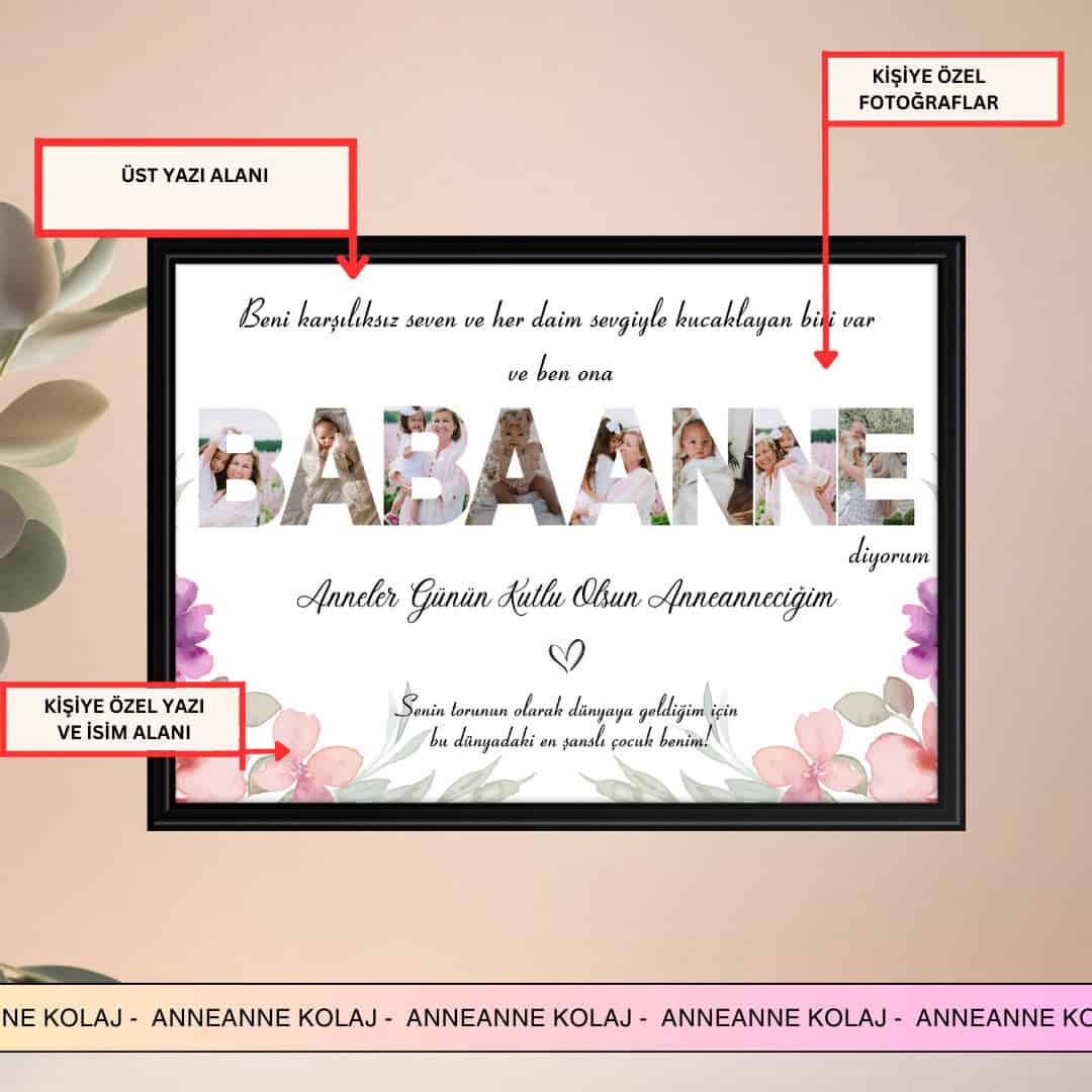 BABAANNE Kolaj Tasarım Tablo Pembe Anneler Günü Hediyeleri | Anneye Doğum Günü Hediyeleri 2 Babaanne ismine özelleştirilmiş duvar dekoru, sevgi dolu mesajlarla anneler günü hediye fikri, fotoğraflı isim yazısı ve kişiye özel tasarım, ev dekorasyonu ve hediye kategorisi için ideal.
