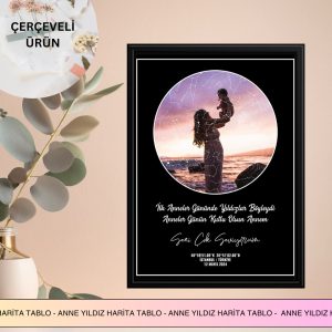 Renkli anne ve çocuk fotoğrafıyla çerçeveli hediye tablo, anneler günü için özel tasarım ve doğa manzarası, anlamlı mesaj ve koordinat detaylarıyla duvar dekoru, sevgi ve Anneler Günü hediyesi.