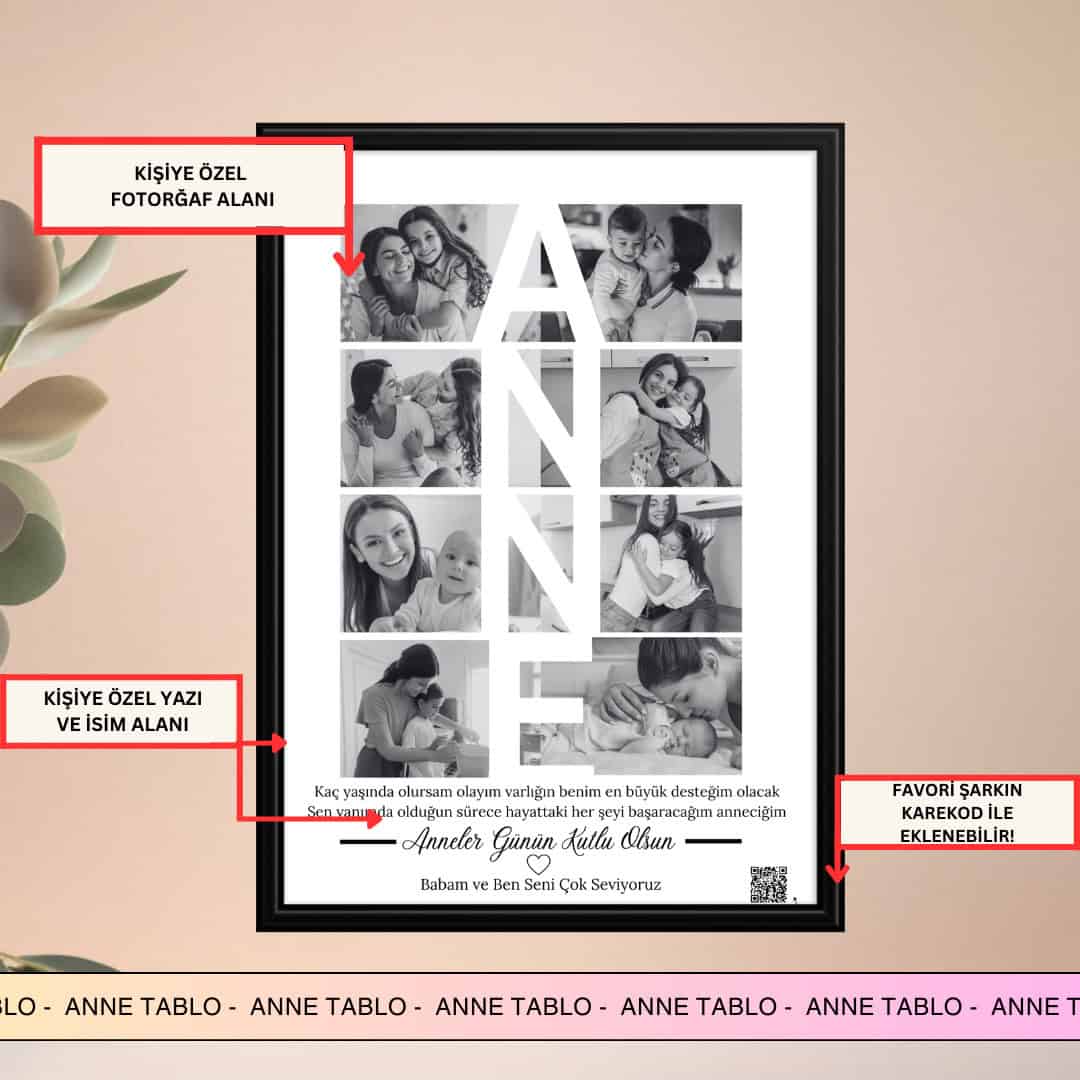 8 Fotoğraflı Anne Kolaj Tablo Çerçeve Tasarım | Anneler günü kişiye özel hediye tasarım tablo 3 Sevgili aileye özel kişiselleştirilmiş fotoğraf çerçevesi, anne ve çocuk temalı siyah beyaz minyatür fotoğraflar ve isim alanı, anne çocuk bağını vurgulayan bebek ve aile anlarıyla tasarlanmış.