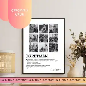 Sevimli öğretmen ve öğrenci fotoğraflarının bulunduğu çerçeveli eğitim anıları tablosu, sınıf içi öğretmen-öğrenci etkileşimini vurgulayan duvar dekoru.
